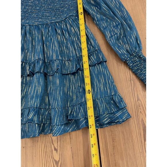 Vici Smocked Long Sleeve Dress Ruffle Hem Blue Gold Small Lined - Picture 3 of 6